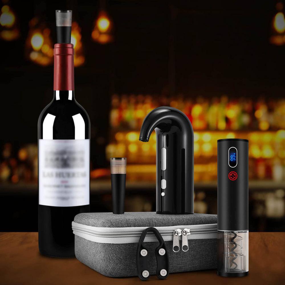 Black Electric Wine Bottle Opener Set with Decanter, Aerator, and Accessories