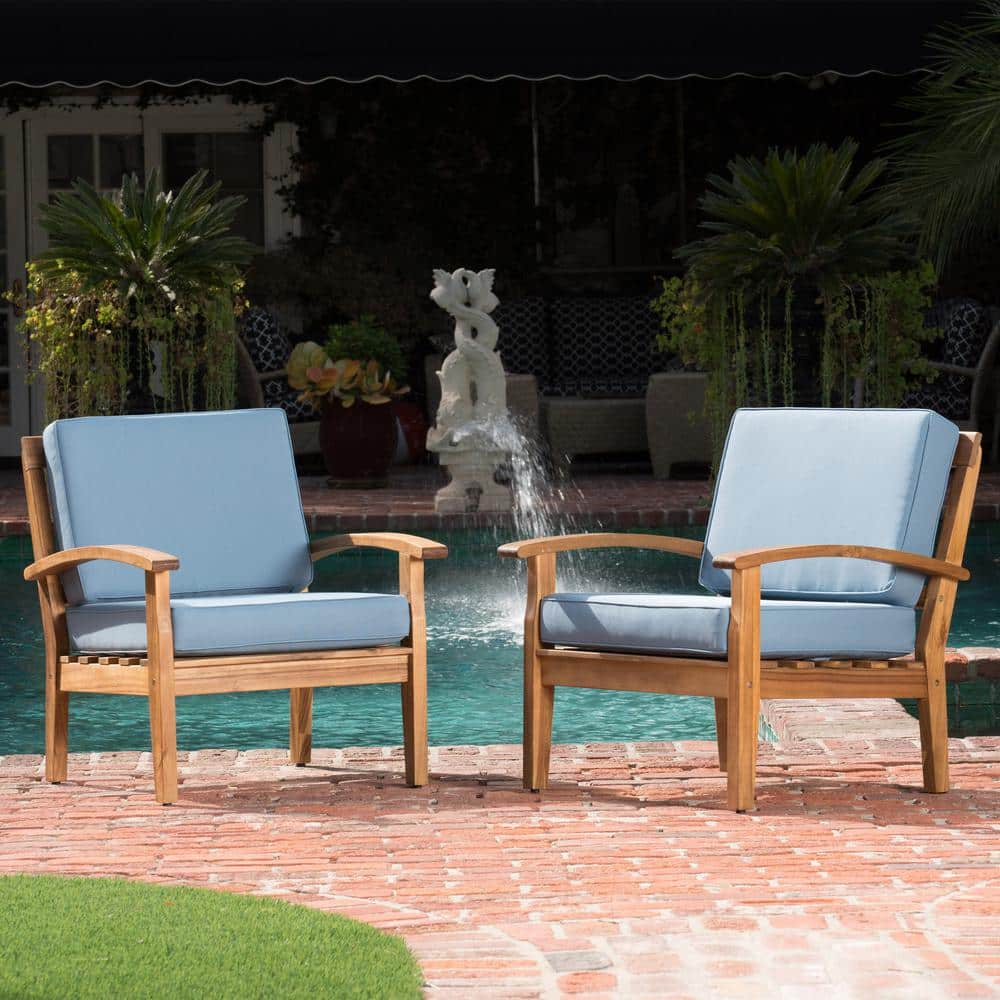 Noble House Teak Brown Slatted Wood Outdoor Patio Lounge Chairs with Blue Cushion (2-Pack) 9750 Sansujyuku sansujyuku.com