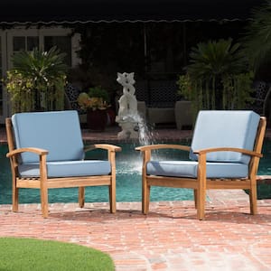 Teak Brown Slatted Wood Outdoor Patio Lounge Chairs with Blue Cushion (2-Pack)