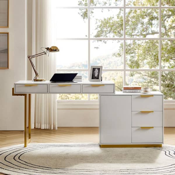 JAYDEN CREATION Joveda 30 in. Wide Rectangular White Wood 6-Drawer Office Desk with Storage, Shelves, and Door