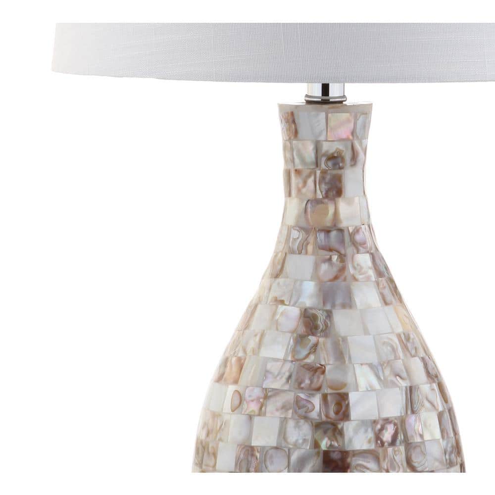 Ivory and Beige Capiz Shell Mosaic Table Lamp with White Linen Shade