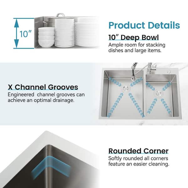 32 in. x 19 in. Stainless Steel Double Bowl Drop-In Kitchen Sink with Drain and Hooks in Brushed Nickel