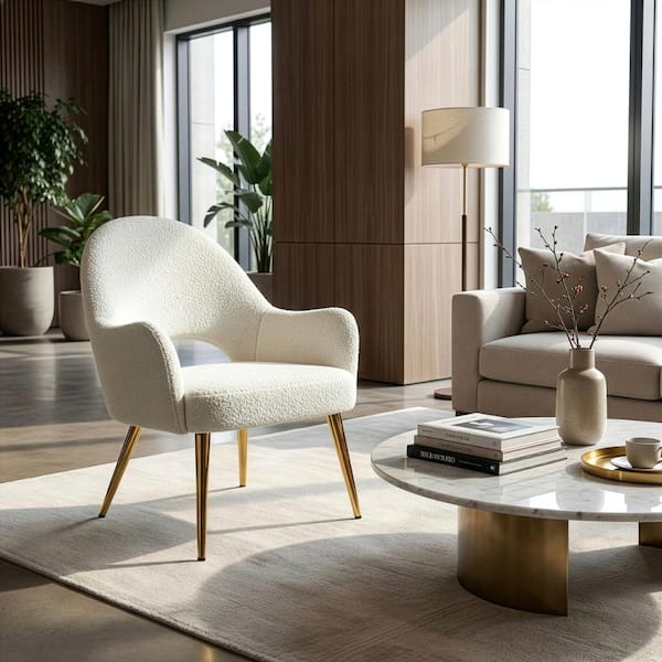 Azael Boucle Fabric with Gold Legs Accent Chair in White