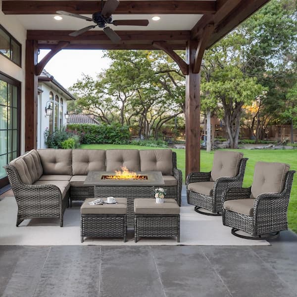 Gray 6-Piece Wicker Patio Fire Pit Set, Outdoor Sectional Seating Set with Olefin Gray Cushions and Swivel Rockers
