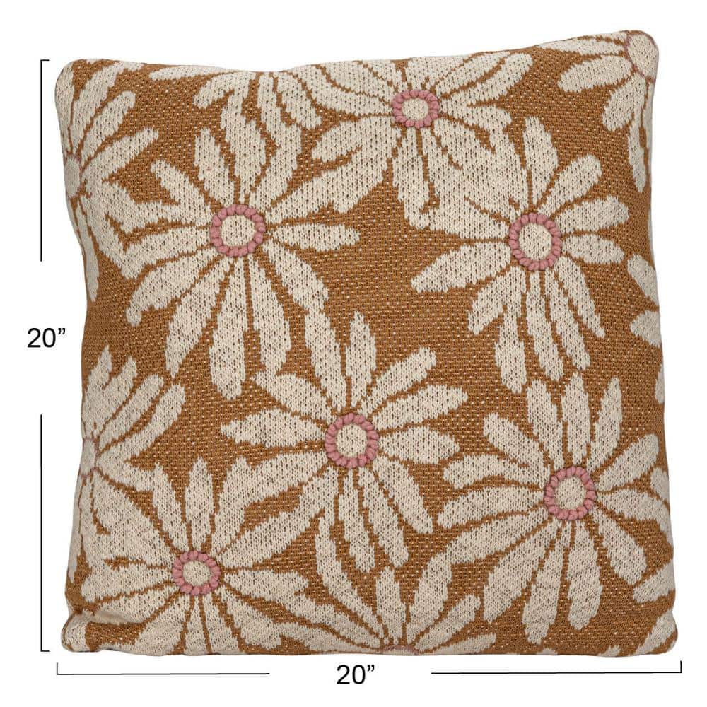 Mustard Cotton Knit Pillow with Pink Flower Appliques, 20" Square