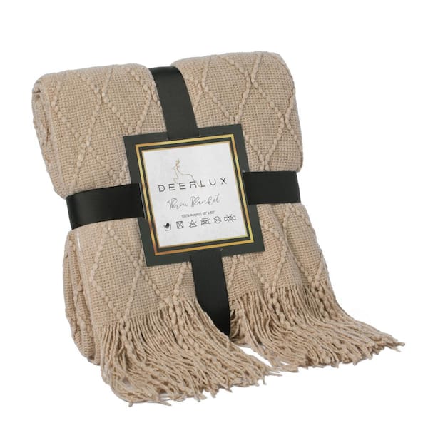 DEERLUX Khaki Decorative Diamond Pattern Knit Throw Blanket with Fringe