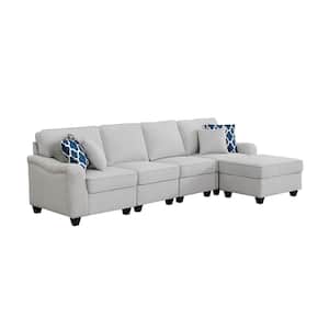 119 in. W Linen 5-Seater Linen Sofa with Ottoman in Light Gray