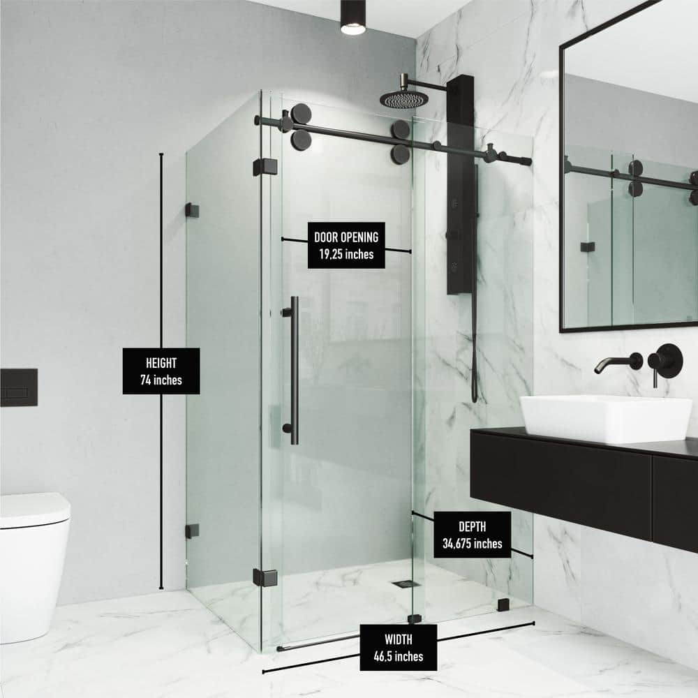 Winslow 46" Matte Black Frameless Sliding Shower Enclosure with Clear Glass