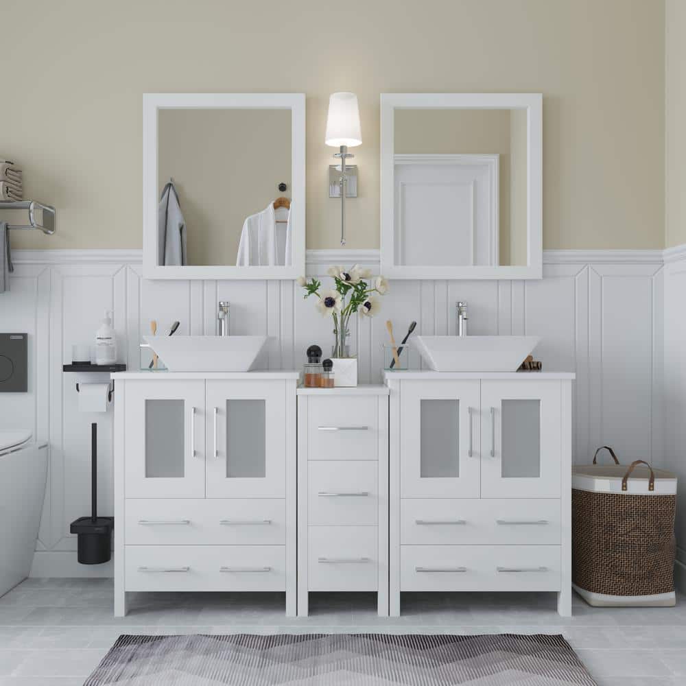 Ravenna 60 in. W Bathroom Vanity in White with Double Basin in White Engineered Marble Top and Mirror price history on PriceWatchPro