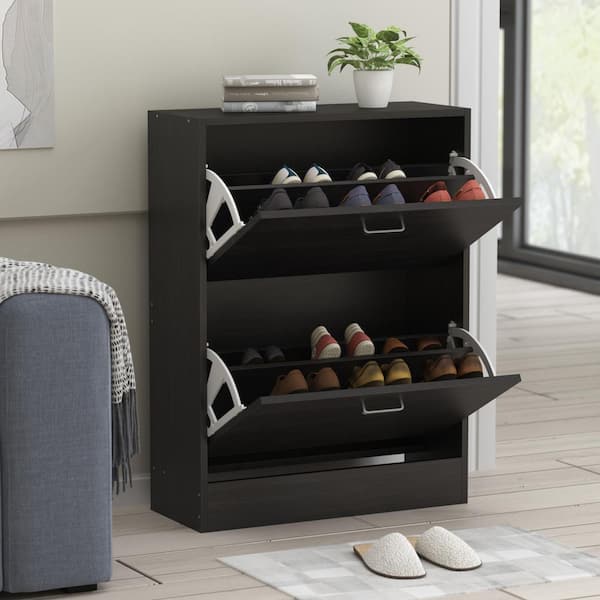 22.4 in. W x 28.9 in. H Black Wood 2-Drawer Shoe Storage Cabinet with Foldable Compartments Entryway Hallway (12-Pair)