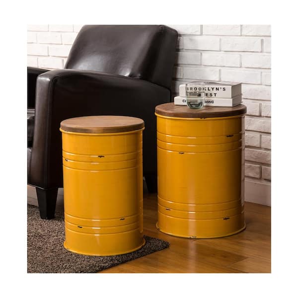 Glitzhome Yellow Modern Metal Storage Accent Table or Stool with Solid Wood Lid (Set of 2)