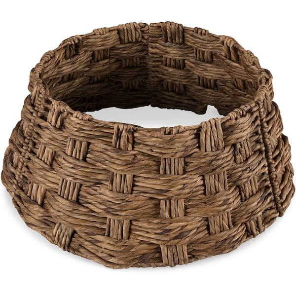 24 in. Basket Woven Hyacinth Christmas Cellulose Tree Collar, Skirt Accessory with Cord Cut-Out in Chestnut