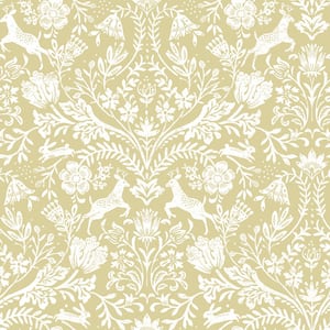 Yellow Fabric Pre-Pasted Matte Forest Dance Honey Damask Strippable Wallpaper