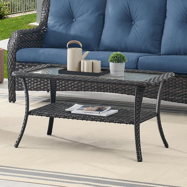 Brown Rectangle Wicker Outdoor Glass Side Table