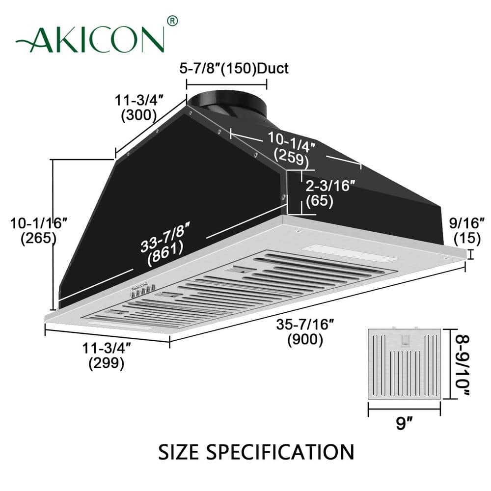 Akicon 36-Inch Stainless Steel Insert Range Hood with LED Lights