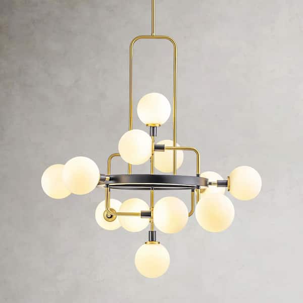 Nick 12-Light Modern Glass Gold and Black Finish Chandelier with Opal Bubbles for Living Room, Dining Room, or Kitchen