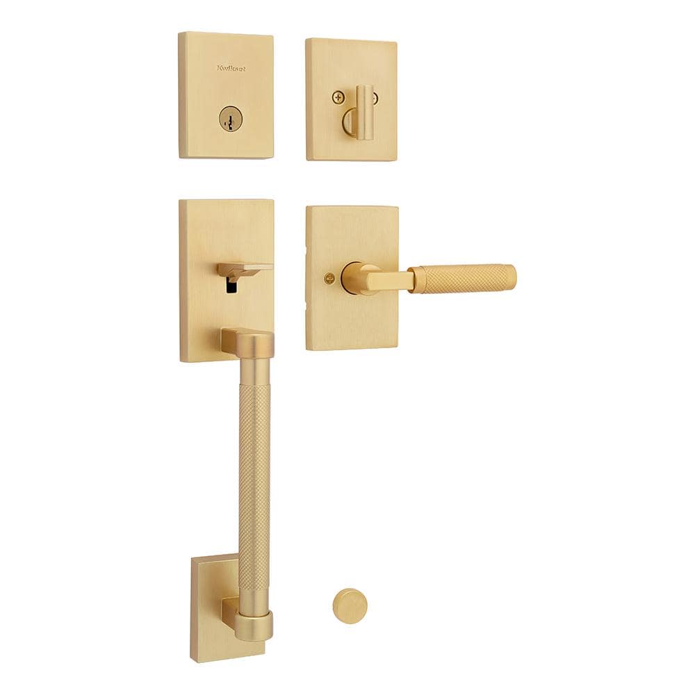 Kwikset Prava Single Cylinder Keyed Entry Door Handleset with Prava Lever featuring SmartKey Security in Satin Brass