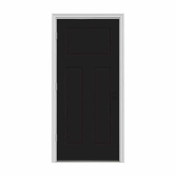 JELD-WEN 30 in. x 80 in. 3-Panel Craftsman Black Painted Steel Prehung Right-Hand Outswing Front Door w/Brickmould