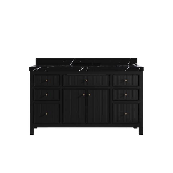 Willow Collections Sonoma 60 in. Single Sink Freestanding Black Bath Vanity with Calacatta Black Qt. Top Unassembled