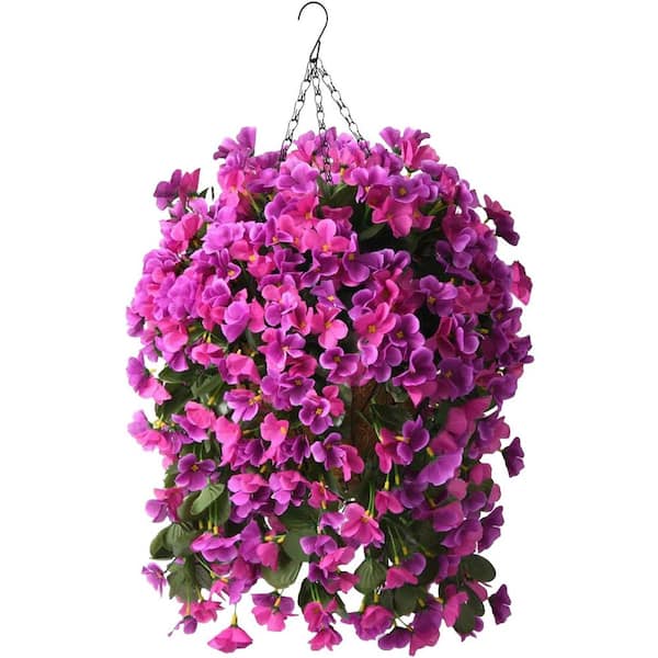 Afoxsos 21.6 in. Artificial Hanging Plant with Silk Begonia Flowers in Coconut Basket