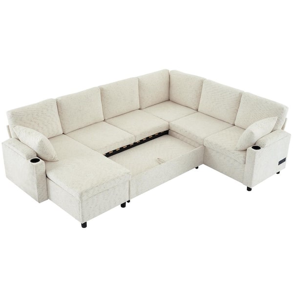 110 in. U-Shaped Chenille 5-Seat Sectional Sofa in Beige with Storage Chaise, Cup Holders and Charging Ports