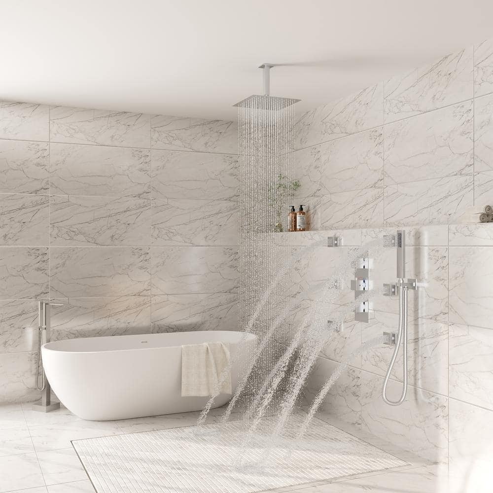 Brushed Nickel Ceiling Mounted Dual Shower System with Body Jets