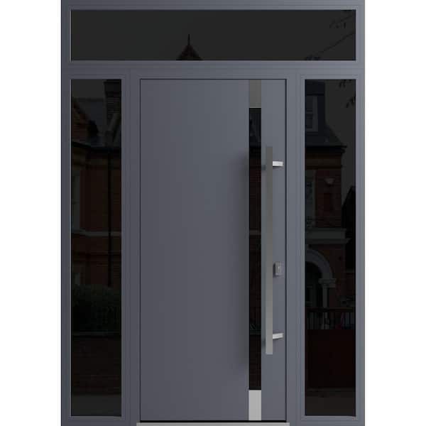 VDOMDOORS 1011 64 in. x 96 in. Left-hand/Inswing 3 Sidelight Tinted Glass Grey Steel Prehung Front Door with Hardware