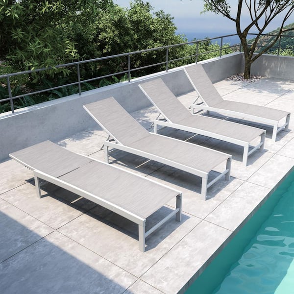 4-Piece White Aluminum Outdoor Patio Reclining Adjustable Chaise Lounge with White and Gray and Blue Textilene Fabric