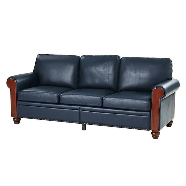 JAYDEN CREATION Felipe 81 in. Rolled Arm Faux Leather Rectangle Nail Head Trim Sofa in. Navy