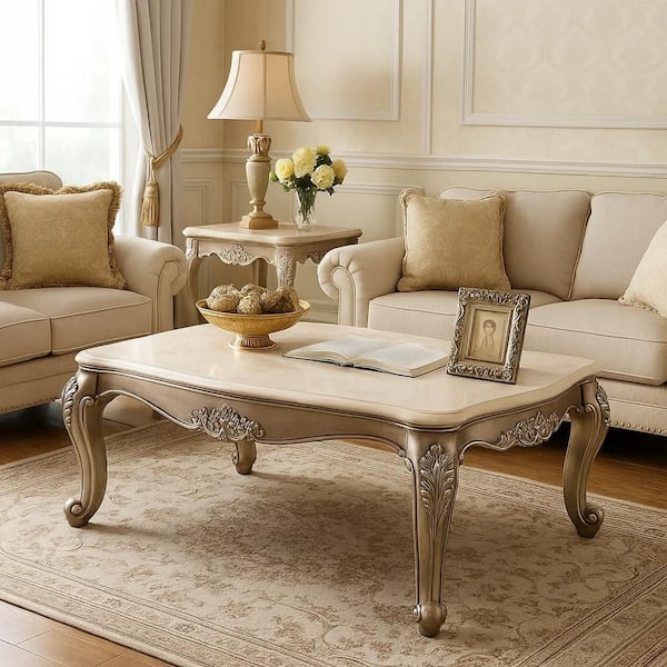 52 in. White and Gold Rectangle Marble Top Coffee Table