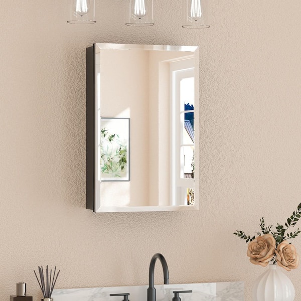 16 in. W x 24 in. H Rectangular Beveled Frameless Metal Black Surface Mount/Recessed Medicine Cabinet with Mirror