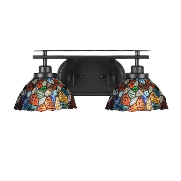 Unbranded Monroe 18.25 in. 2-Light Matte Black Vanity Light with 7 in. Blue Mosaic Art Glass Shade No Bulbs Included