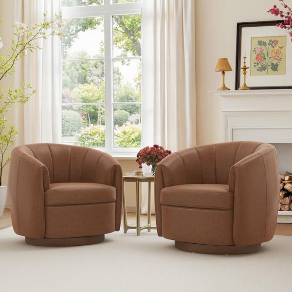 Modern Brown Genuine Leather Swivel Accent Chair 360° Swivel Barrel Chair With Solid Wood Base (Set of 2)