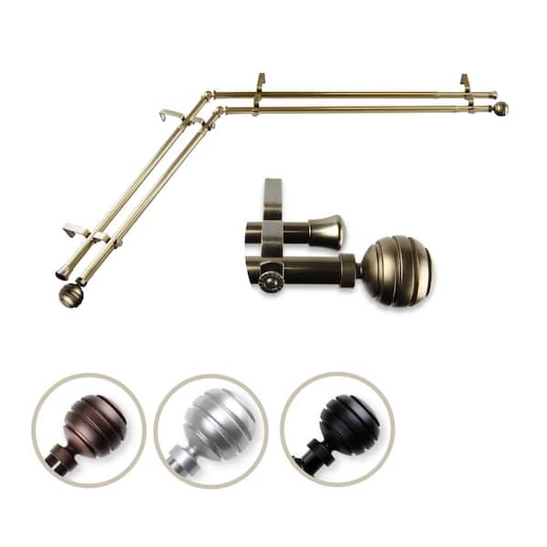 Rod Desyne 13/16" Dia Adjustable 66" to 120" Double Corner Window Curtain Rod in Antique Brass with Poise Finials