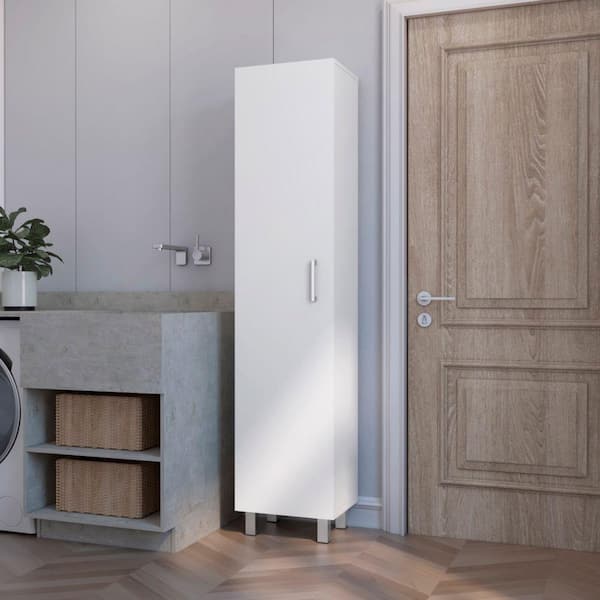 15.7 in. W x 12.3 in. D x 71 in. H White Tall Storage Linen Cabinet Single Door with Broom Hangers