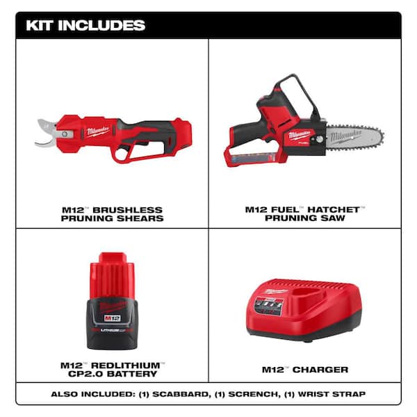 M12 FUEL 12V Brushless Cordless Brushless Cordless Pruner w/M12 6 in. HATCHET Pruning Saw, 2.0 Ah Battery, Charger