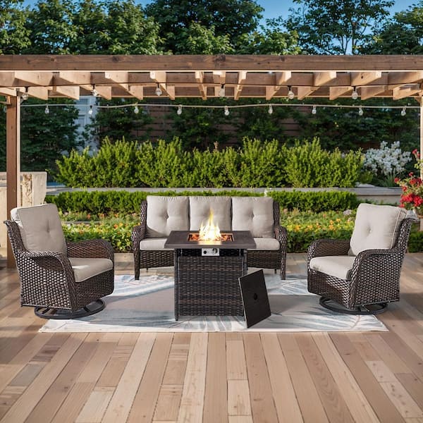 ArcoBay 4-Piece Brown Wicker Patio Square Fire Pit Conversation Set with Beige Cushions and Swivel Rocking Chairs