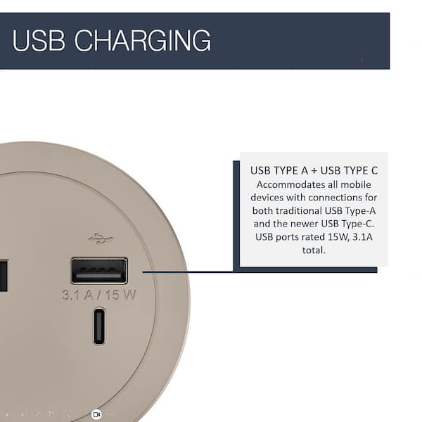 Round 15 Amp 1-Outlet and 2 Type A/C USB Nickel Recessed Furniture Power Strip with 6 Ft. Cord