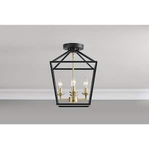 Weyburn 16.5 in. 4-Light Black and Gold Farmhouse Semi-Flush Mount Ceiling Light Fixture with Caged Metal Shade
