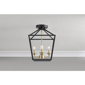 Weyburn 16.5 in. 4-Light Black and Gold Lantern Farmhouse Semi-Flush Mount Kitchen Ceiling Light Fixture