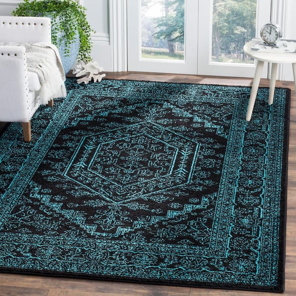 Adirondack Black/Teal 4 ft. x 6 ft. Border Medallion Area Rug