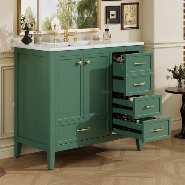 36 in. Freestanding Green Bath Vanity with White Ceramic Top Sink and 4 Drawers