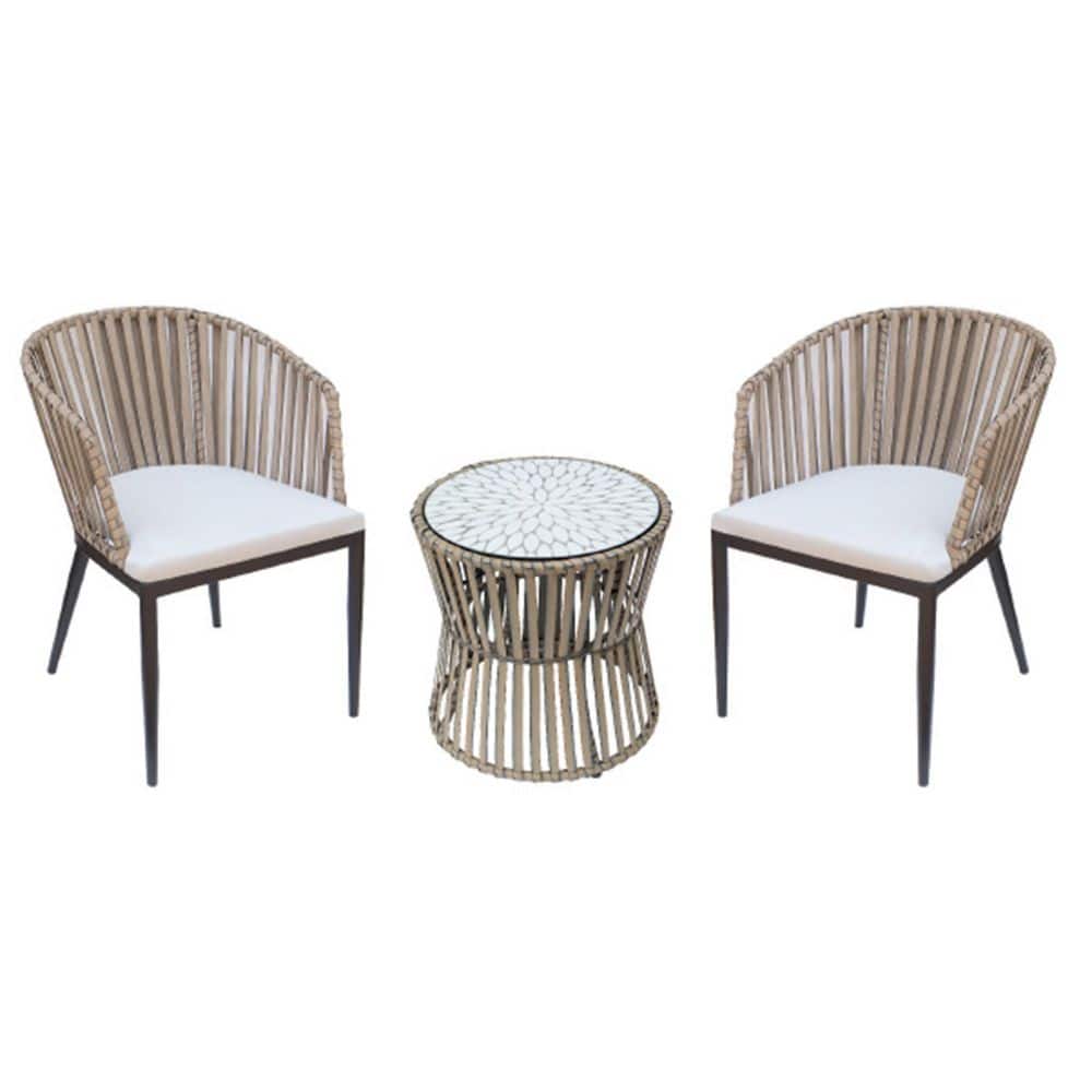 Contemporary Brown 3-Piece Wicker Round Outdoor Bistro Set with Beige Neutral Cushions price history on PriceWatchPro