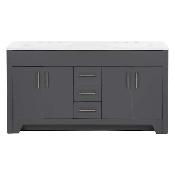 Branine 61 in. Double Sink Cement Bath Vanity with White Cultured Marble Top (Assembled)