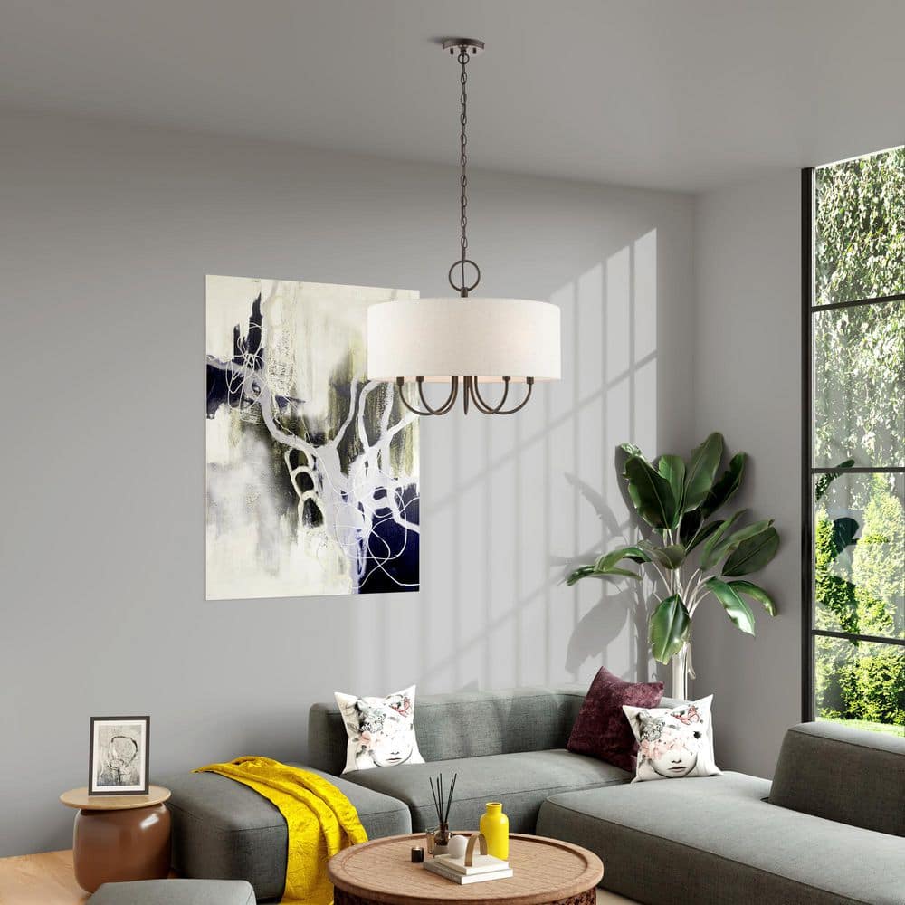Blossom English Bronze 5-Light Pendant with Oatmeal Shade