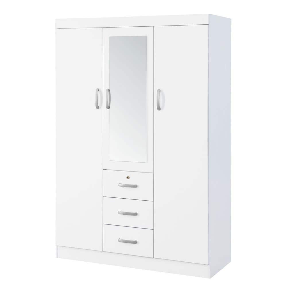 Porkliver White Wood 47 inches, Wardrobe Armoires with Mirror, Hanging Rod, Drawers, Shelves 71 in. H x 47 in. W x 19 in. D (Box 1 of 2 Only)