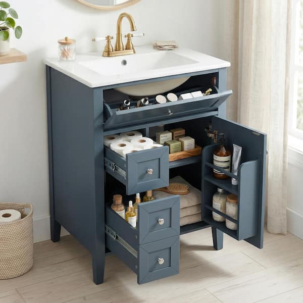 Blue Gray 24in Bathroom Vanity with Sink Soft-Closing Door with Storage Rack Solid Wood Legs for Bathroom