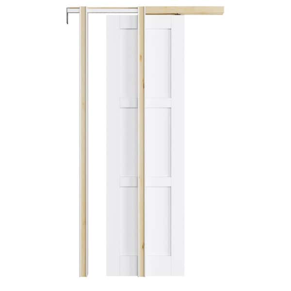 ARK DESIGN 24 in. x 80 in. Paneled 3-Lite White Primed MDF Pocket Sliding Door with Pocket Door Frame and Hardware Kit