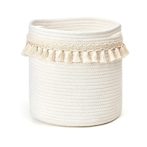 White 11 in. x 11 in. Cotton Decorative Basket with Handles