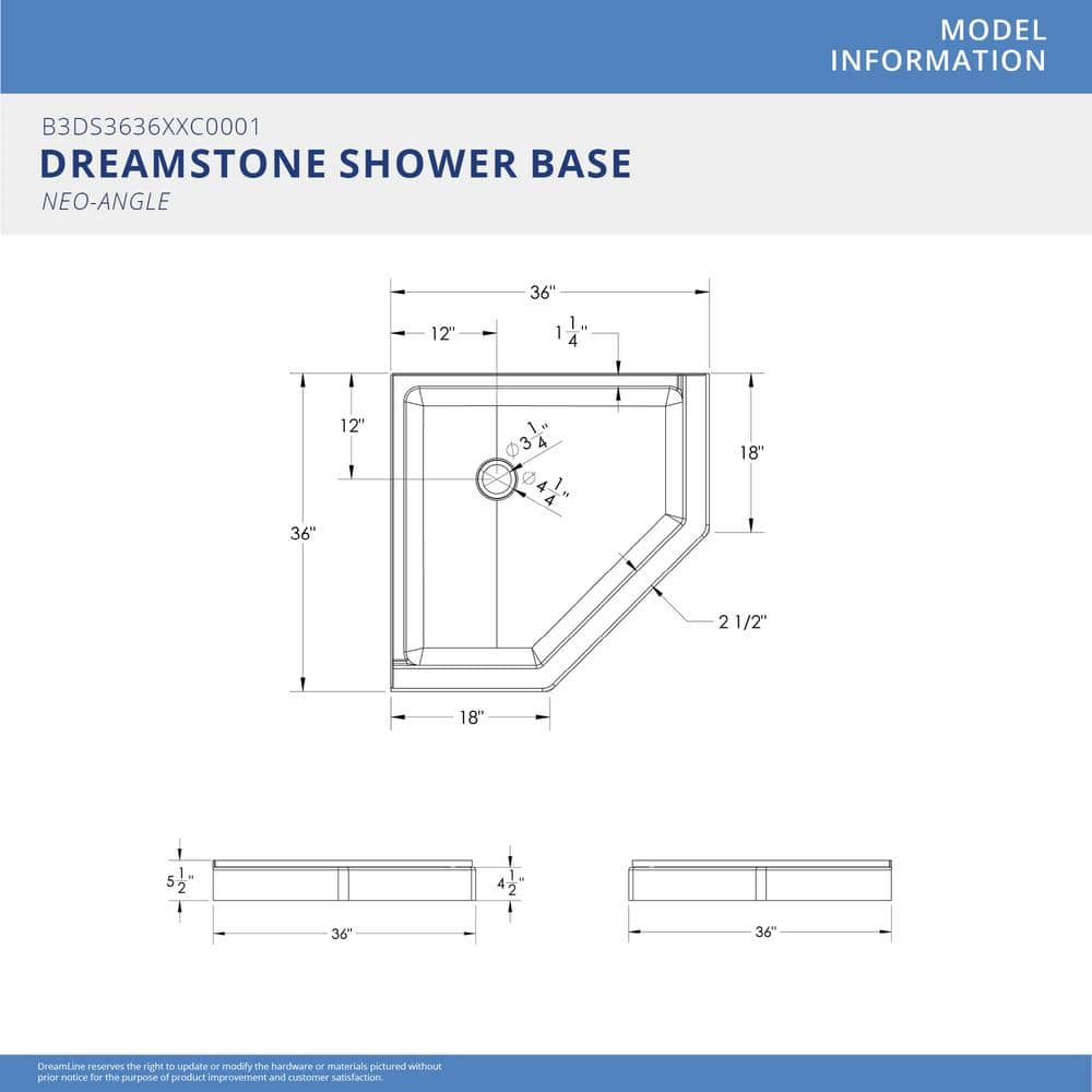 White Acrylic 36'' Neo-Angle Shower Base with Corner Drain